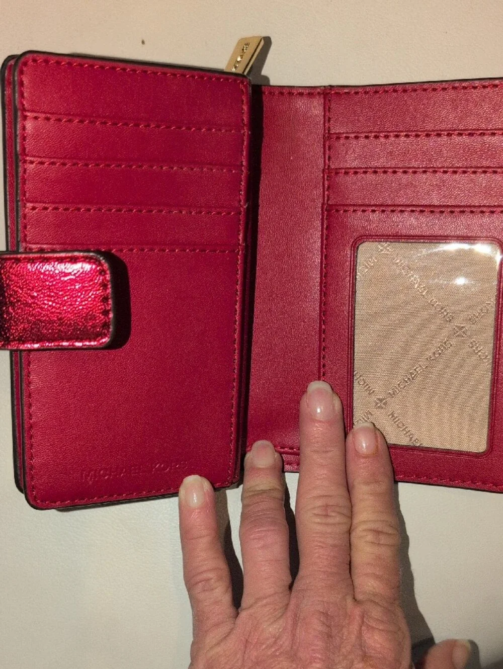 Michael Kors Metallic Scarlet Compact Wallet with Gold Logo